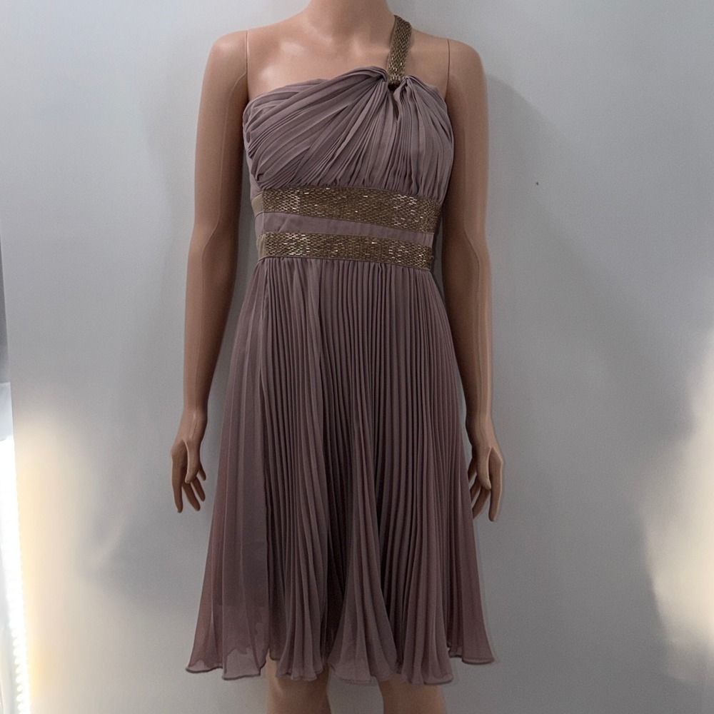 Esley Taupe One Shoulder Pleated Beaded Grecian Cocktail Party Dress S
